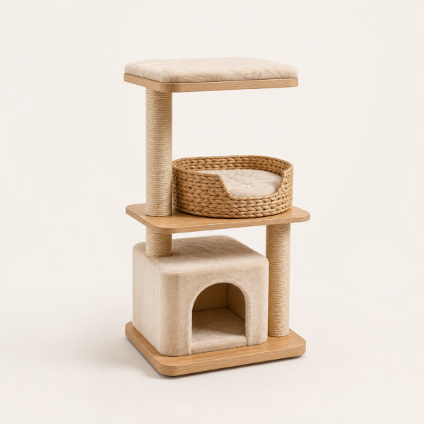 Three-Tier Wooden Cat Tree with Plush Condo
